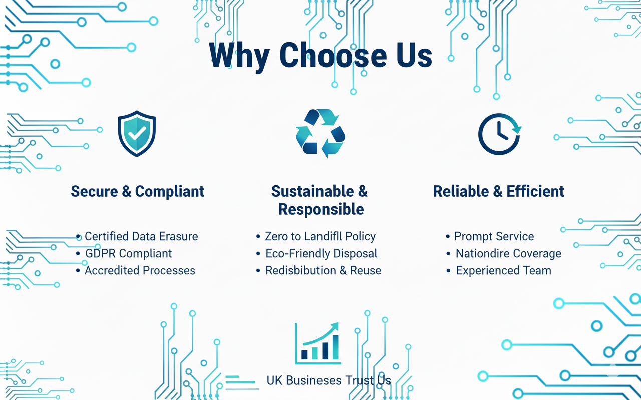A graphic illustrating the core values of Tech Scrubbers: Trust, Compliance, and Impact.